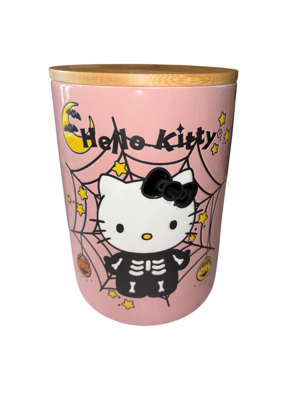 Hello Kitty Pink Halloween Ceramic Canister with Bamboo Lid 6.6”